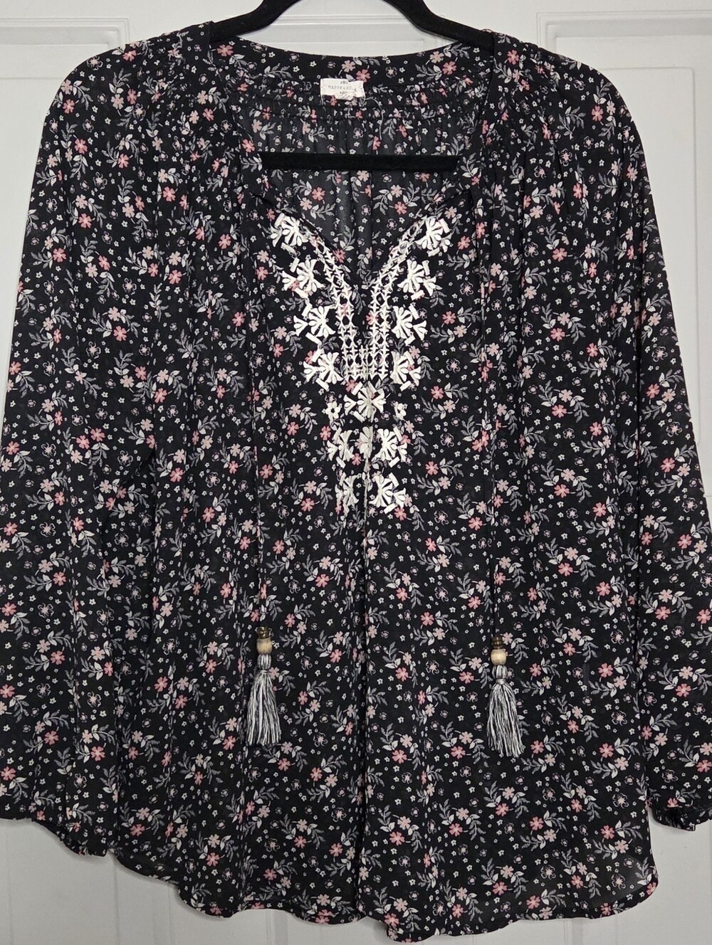 Mason & Belle - Boho Black Floral Embroidered V-Neck Sheer Tunic w/ Tassel Tie